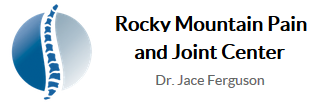 Logo for Rocky Mountain Pain and Joint Center featuring a stylized spine over a blue circle, with the text Rocky Mountain Pain and Joint Center and Dr. Jace Ferguson to the right.
