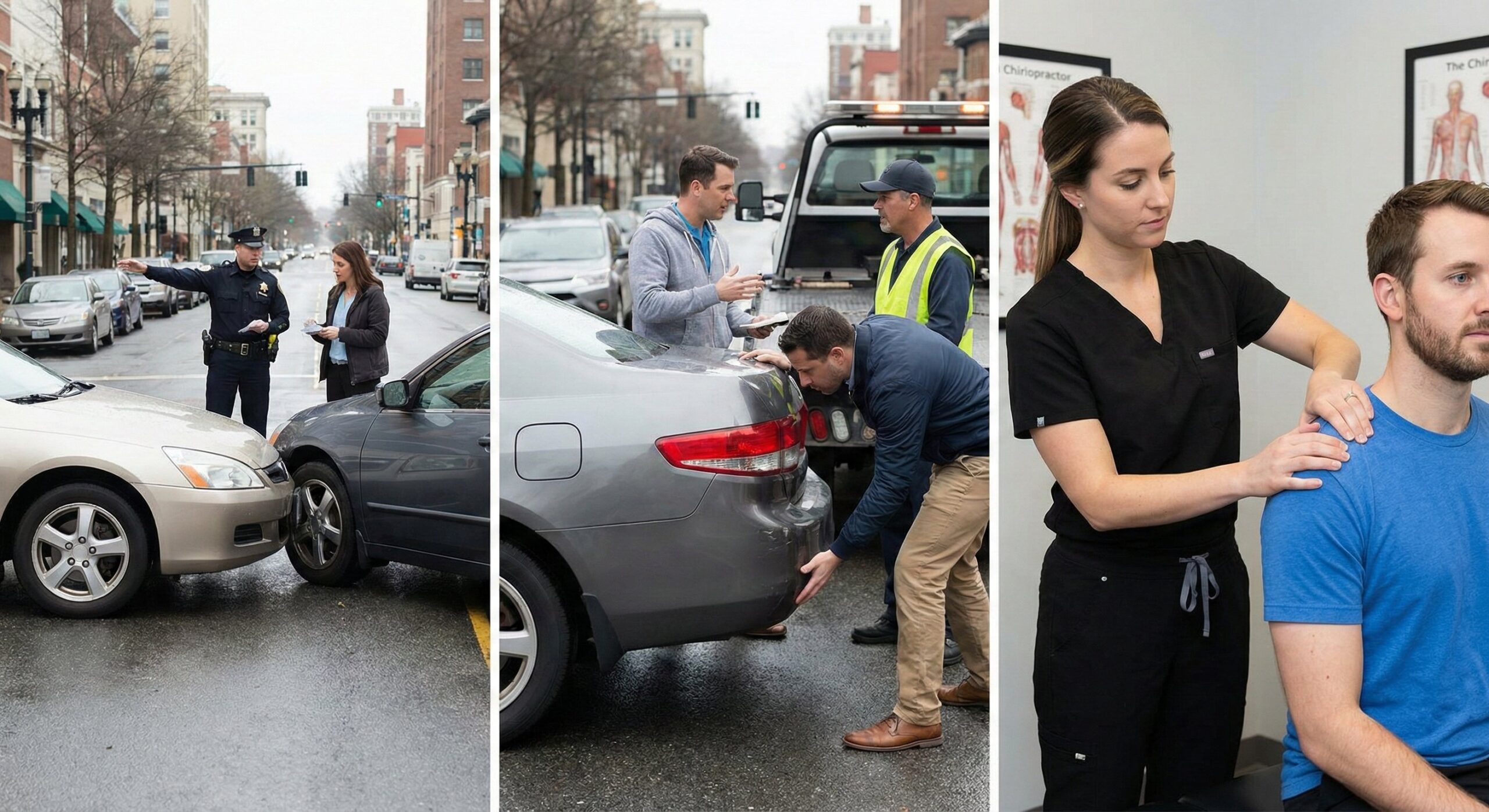 A three-part collage showing a minor car collision with a police officer, people inspecting vehicle damage, and a chiropractor treating a male patient's shoulder injuries.